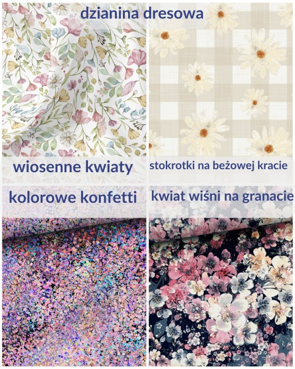 wzory do wyboru: wiosenne kwiaty, stokrotki na kracie, konfetti, kwiat wiśni na granacie