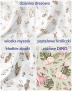 wzory na sukienkę: wioska myszek, pastelowe króliczki, słodkie alpaki, różowe dinozaury na pistacjowym tle