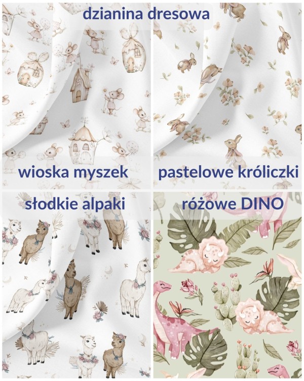 wzory na sukienkę: wioska myszek, pastelowe króliczki, słodkie alpaki, różowe dinozaury na pistacjowym tle