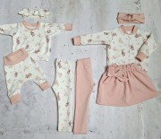 Kompletny zestaw ubranek handmade: bluzy, spodnie baggy, legginsy i spódniczka w motyw zajączków i brudnego różu