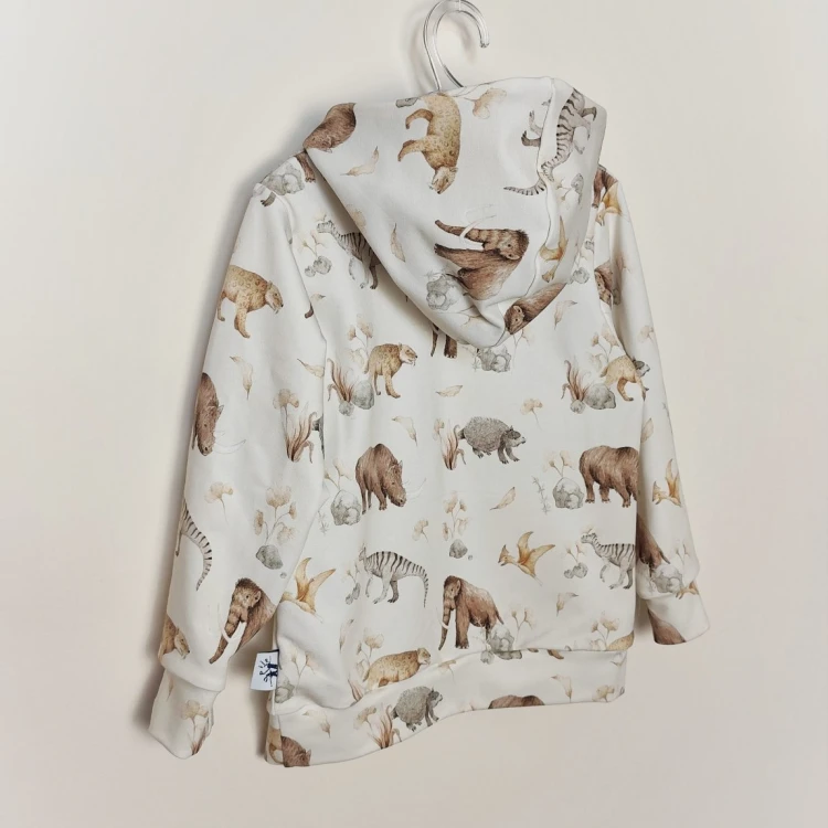 bluza z kapturem dla dziecka z motywem epoki lodowcowej w mamuty, pancerniki, tygrysa szablozębnego
