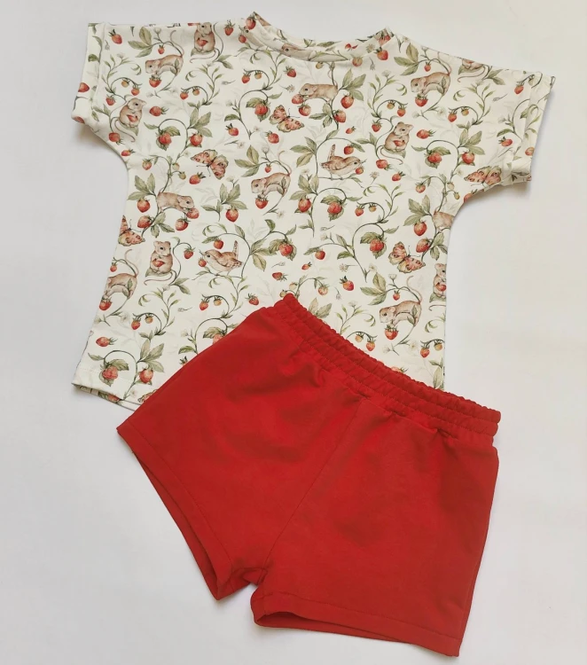 T-shirt dziecięcy w myszki i truskawki jersey premium i czerwone spodenki dresowe