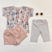 pastelowy komplet letni dla dziewczynki z jednorożcami t-shirt kolarki w gwiazdki i różowe spodenki